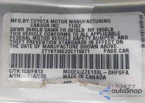 2003 Toyota Matrix Xrs from USA, damaged, VIN 2T1KY38E23C116071